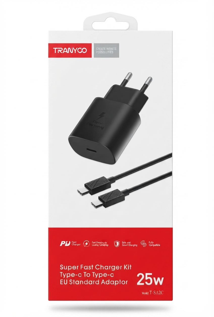 طقم شاحن TRANYCO السريع 25W - موديل T-SA2C (Type-C to Type-C) متوفر الآن لدى MT Mobile