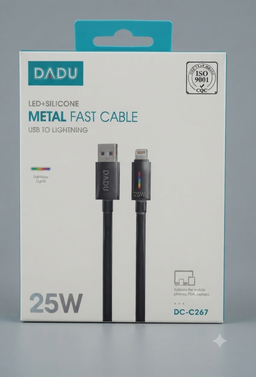 كيبل DADU معدني فائق السرعة مع إضاءة قوس قزح (USB to Lightning) بقدرة 25 واط (موديل DC-C267)