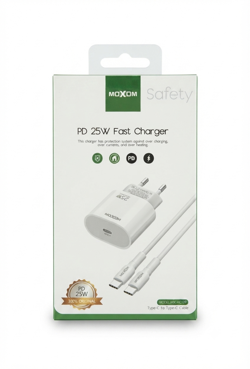 طقم شاحن MOXOM السريع PD 25W - موديل MX-HC139 (Type-C to Type-C) متوفر الآن لدى MT Mobile